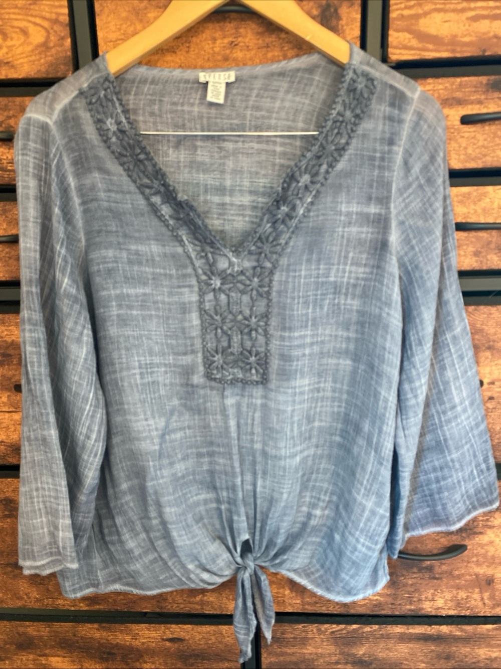 Spense Top Crocheted Neckline Tie Waist Denim Blue Size S Beachy Boho Festival